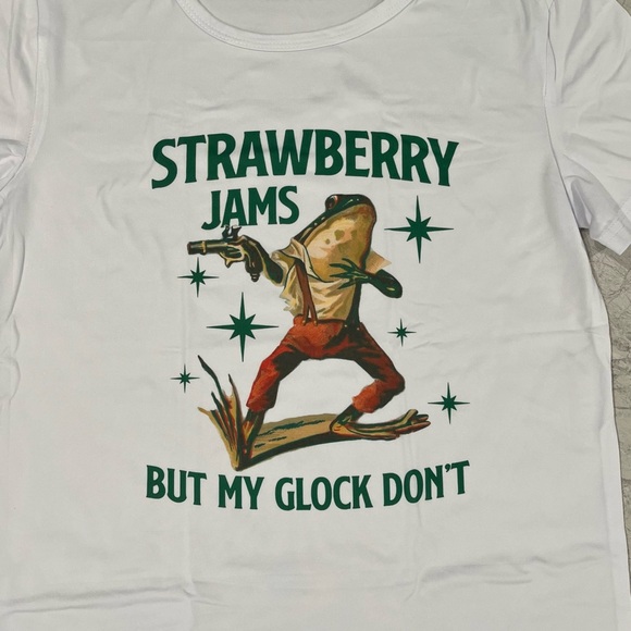 Strawberry Jams but My Glock Don't Tee shirt with funny frog graphic on T-Shirt - Picture 2 of 2